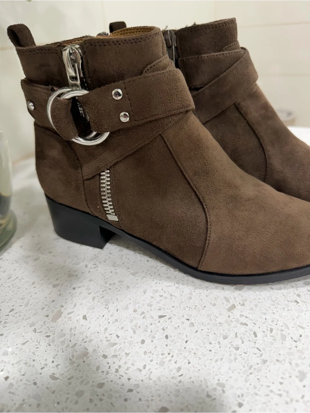 Brown Suede Ankle Booties with Decorative Buckle